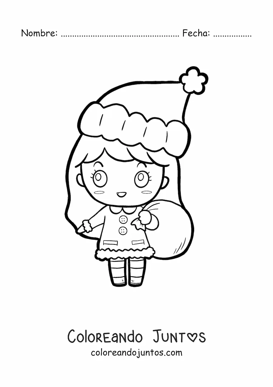 Imagen para colorear de niña kawaii con gorro de Navidad y saco de regalos