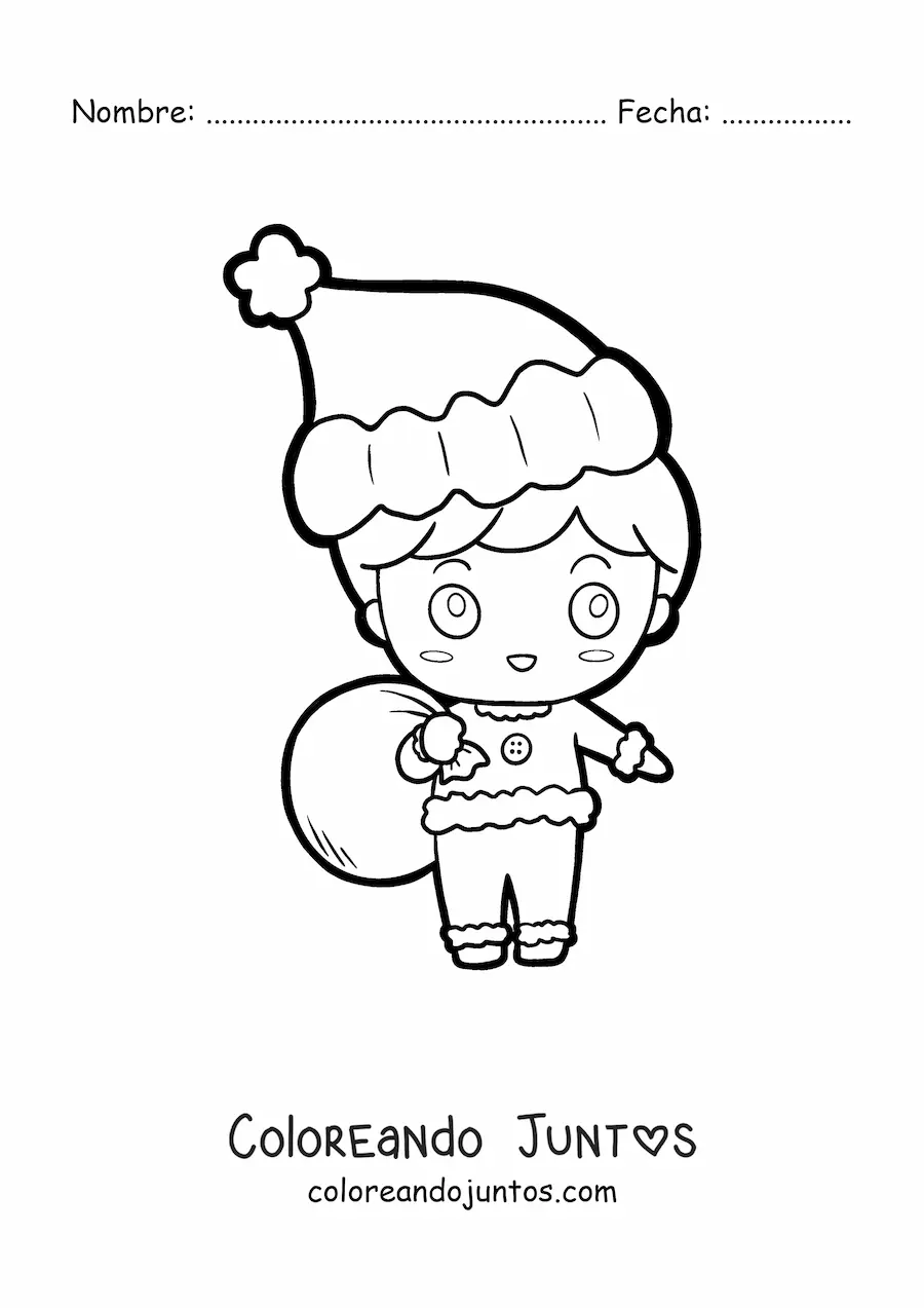 Imagen para colorear de niño kawaii con gorro de Navidad y saco de regalos