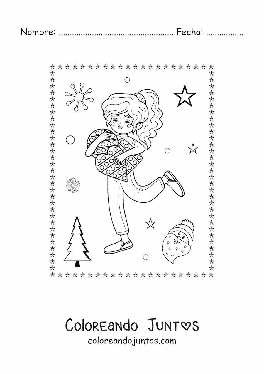 Imagen para colorear de niña con juguetes en Navidad