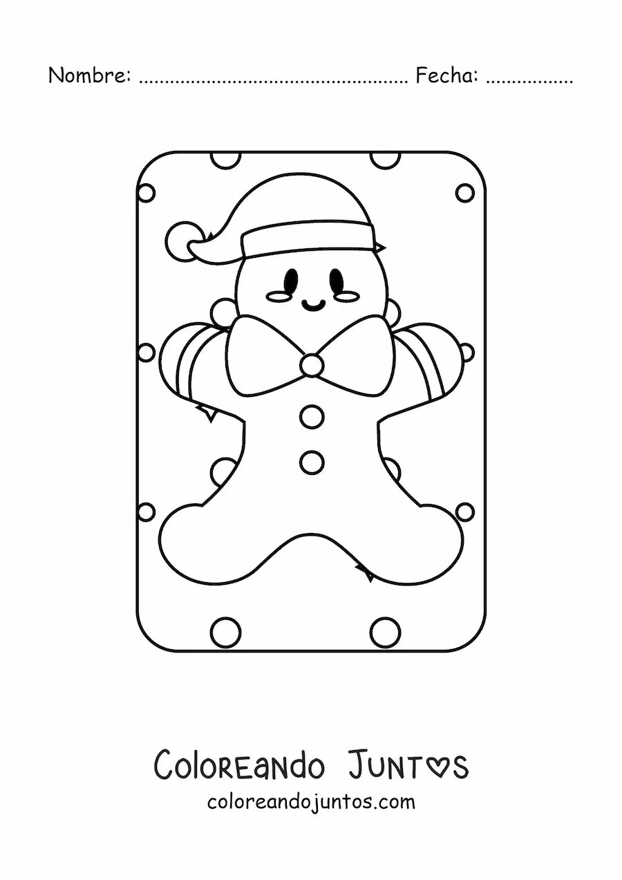Imagen para colorear de hombre de jengibre kawaii con gorro de Navidad