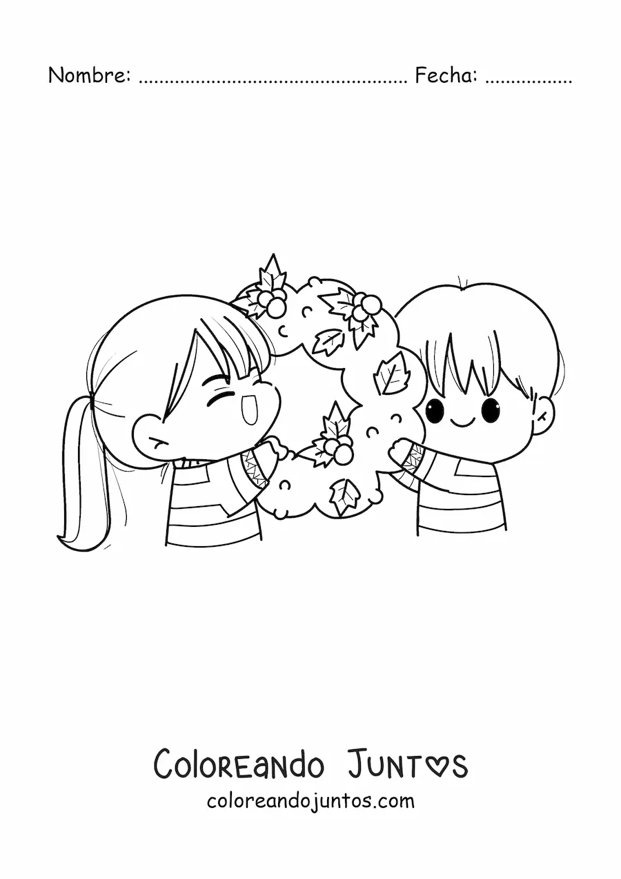 Imagen para colorear de pareja kawaii con corona de Navidad