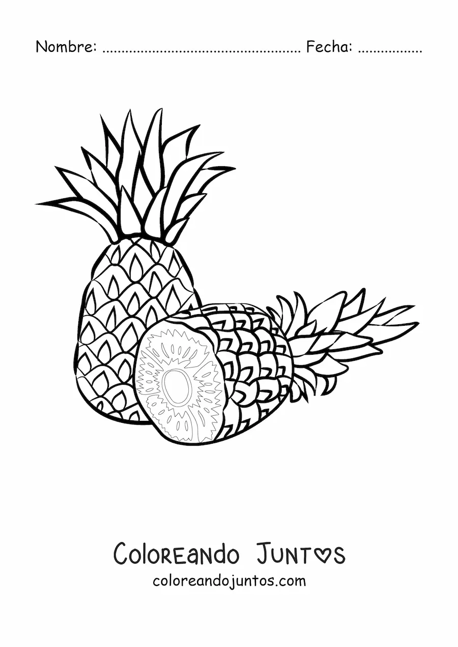 Imagen para colorear de una piña y otra piña cortada por la mitad