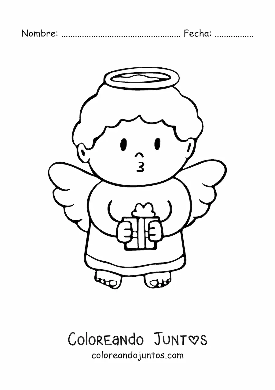 Imagen para colorear de ángel de Navidad con regalo