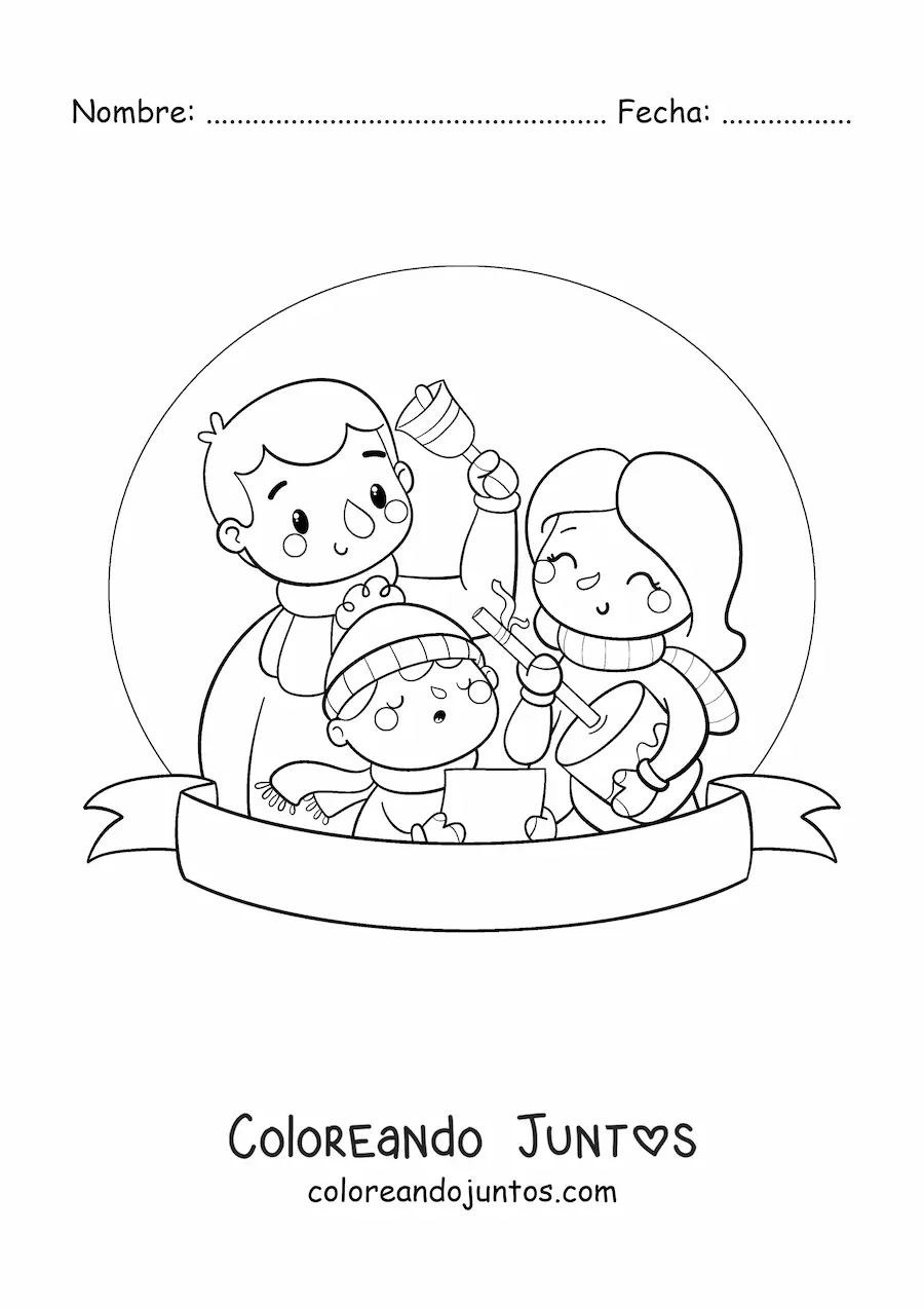 Imagen para colorear de niño con su familia cantando villancicos al niño Dios