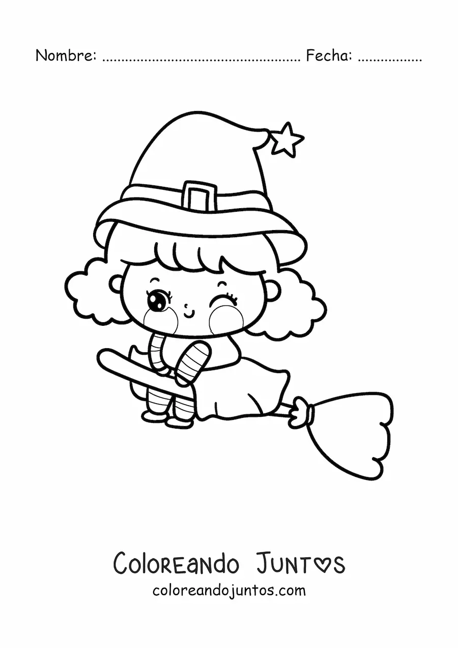 Imagen para colorear de brujita kawaii volando
