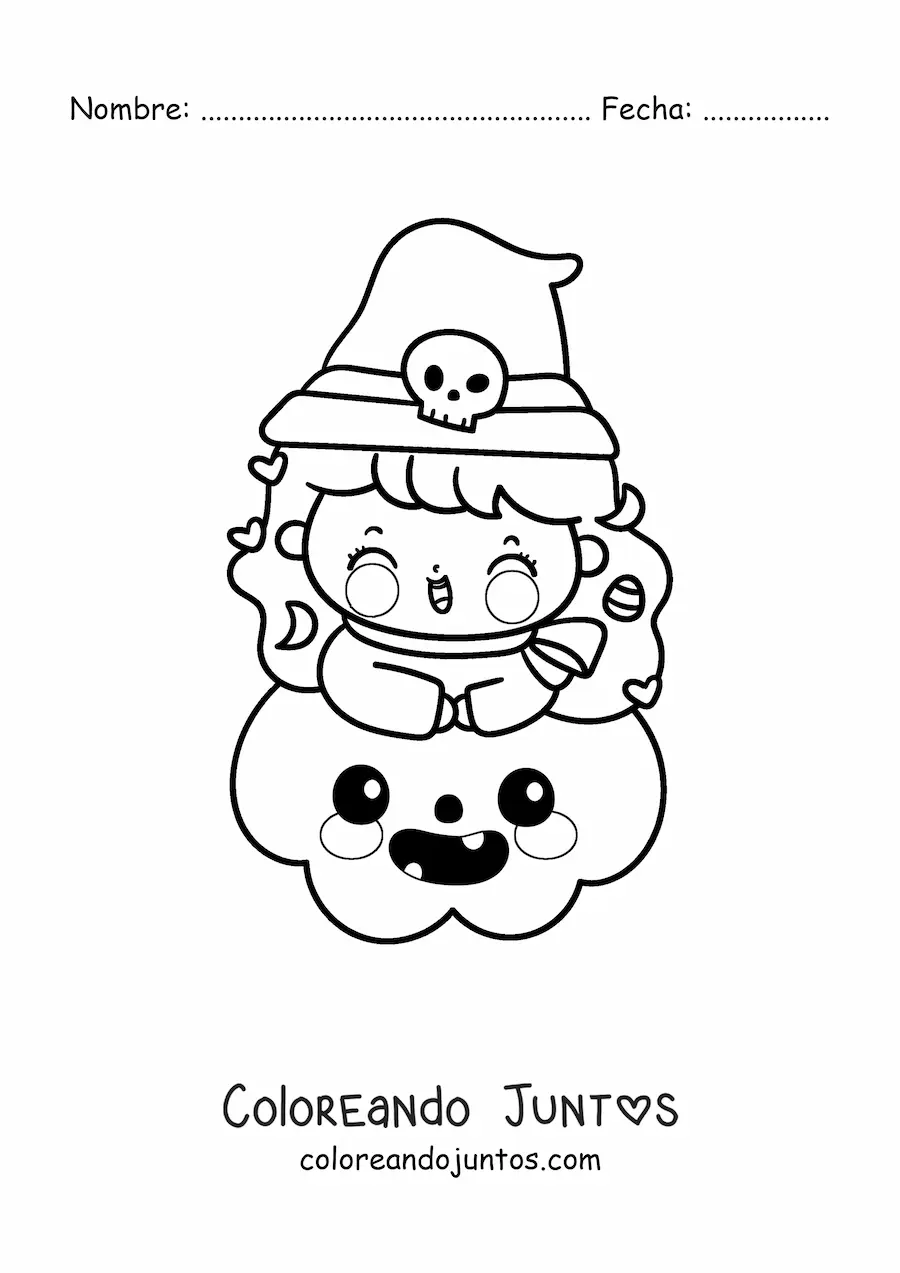 Imagen para colorear de brujita kawaii en una calabaza de Halloween