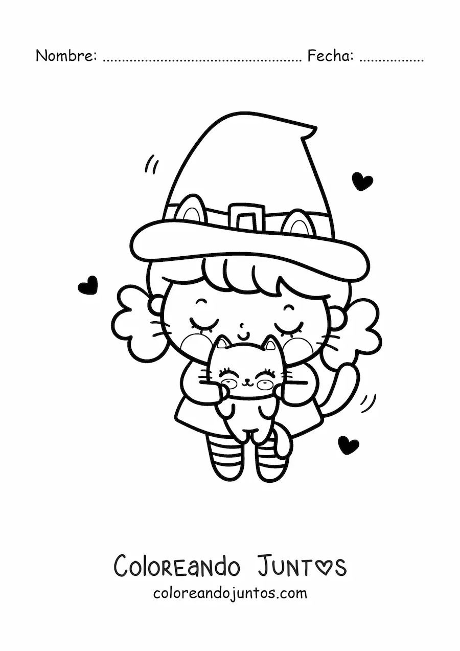 Imagen para colorear de brujita kawaii con gatito tierno