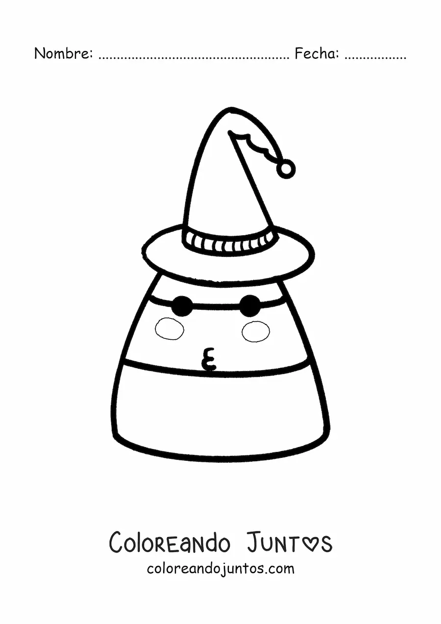 Imagen para colorear de dulce de Halloween animado con sombrero de bruja