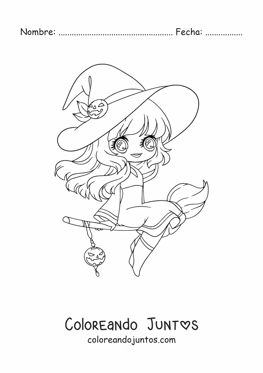 Imagen para colorear de bruja kawaii estilo anime volando en su escoba