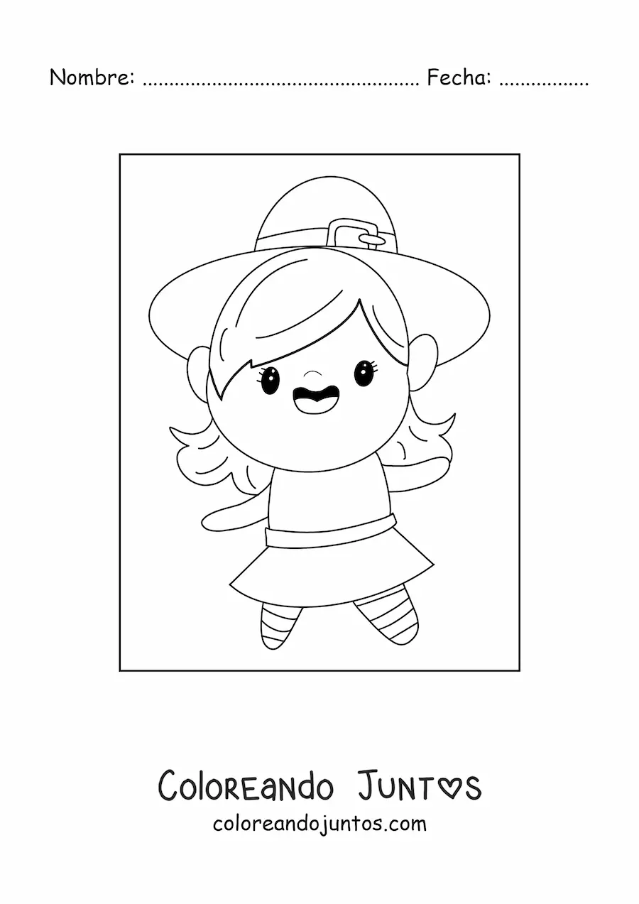 Imagen para colorear de niña disfrazada de bruja tierna