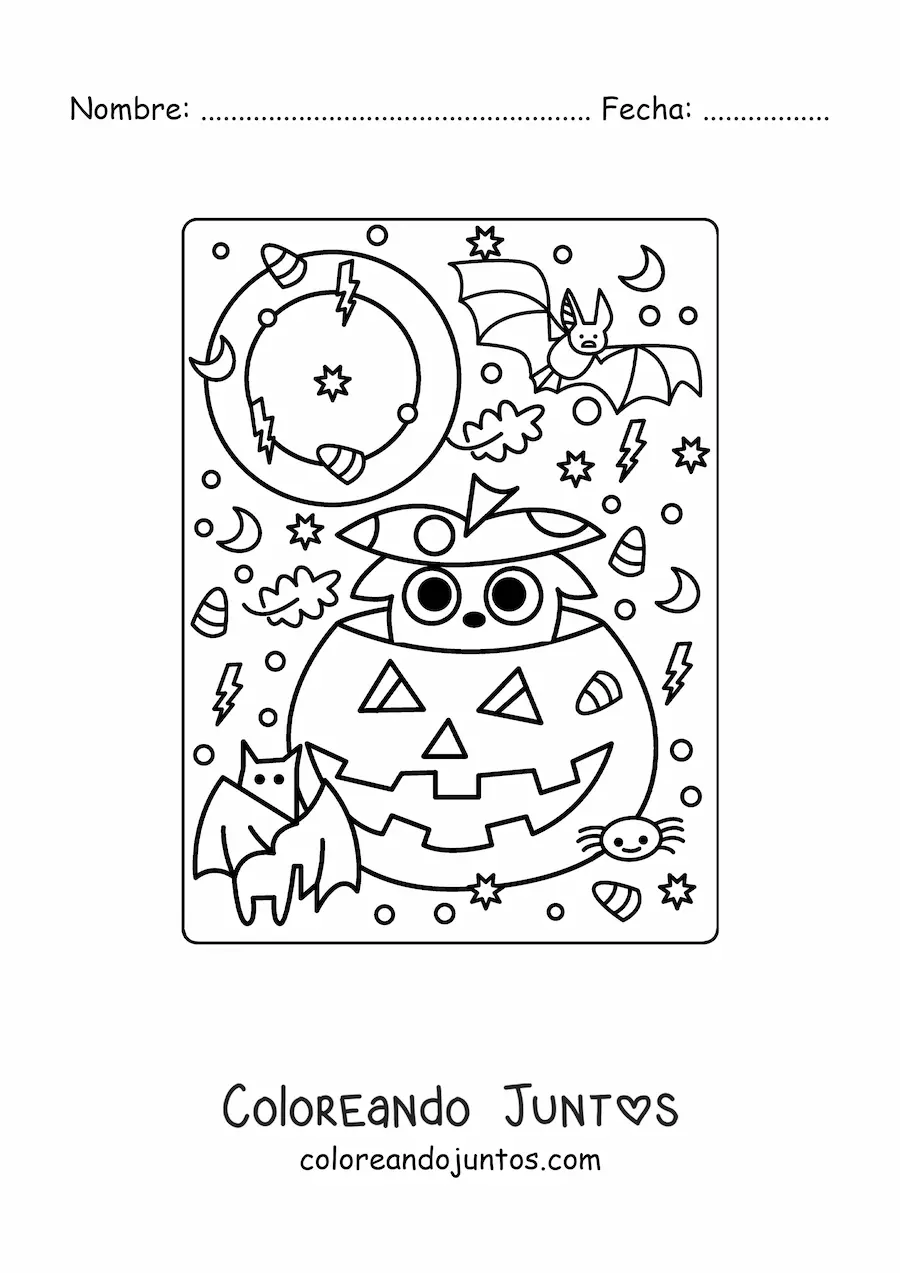 Imagen para colorear de calabaza de Halloween animada con gato kawaii