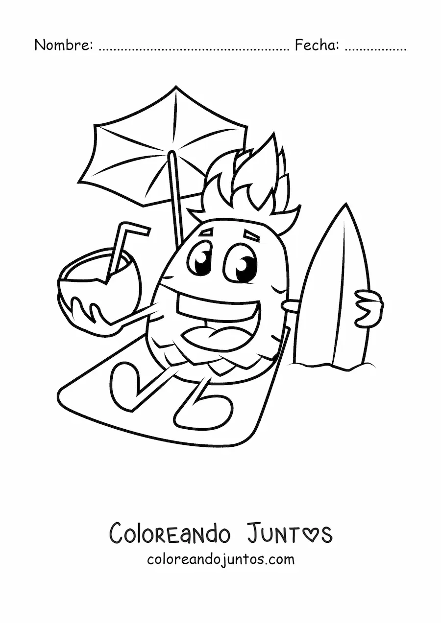 Imagen para colorear de una piña animada en la playa con un coco en la mano