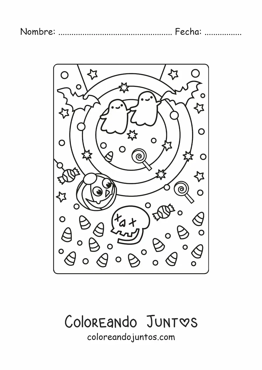 Imagen para colorear de fantasmas kawaii con calavera y murciélagos