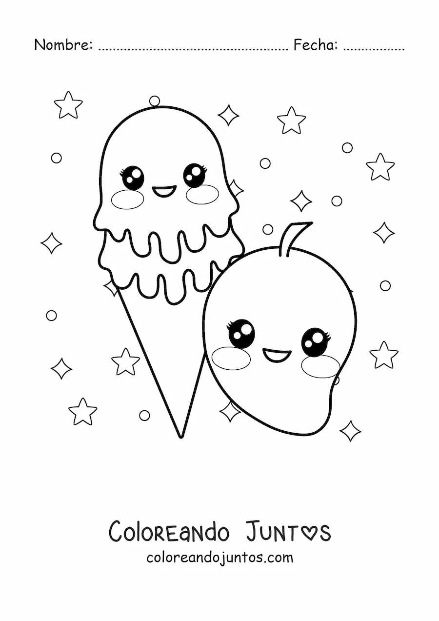 Imagen para colorear de un helado de mango kawaii con un mango al lado y estrellas de fondo