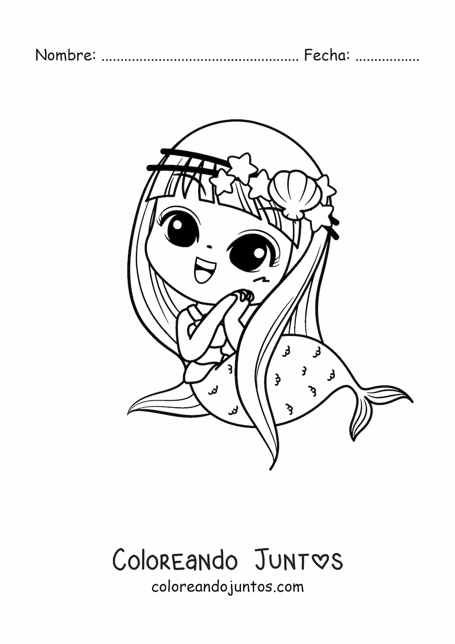 Imagen para colorear de sirena kawaii chibi