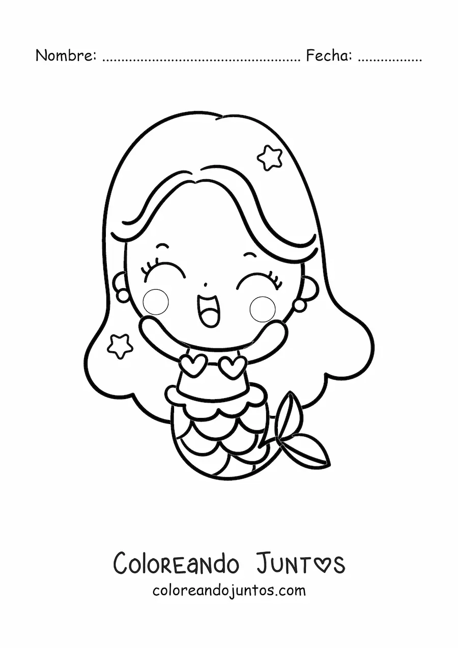 Imagen para colorear de sirena kawaii fácil