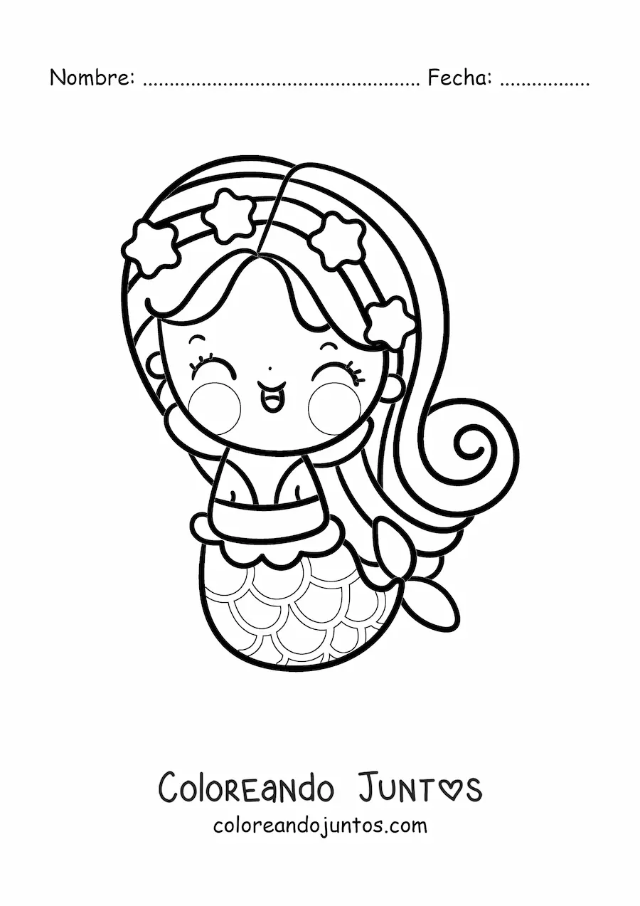 Imagen para colorear de sirena kawaii con corona de estrellas