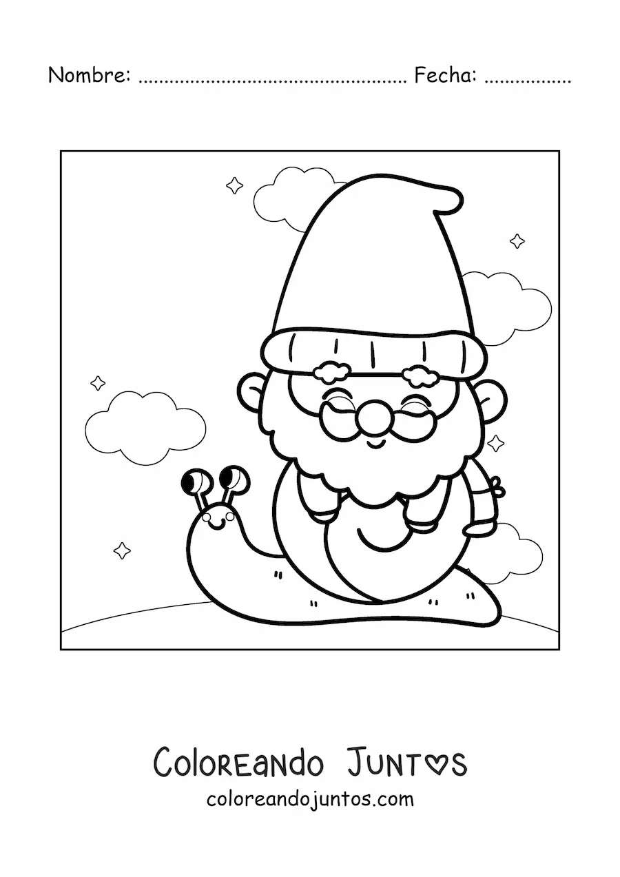 Imagen para colorear de gnomo kawaii sobre un caracol
