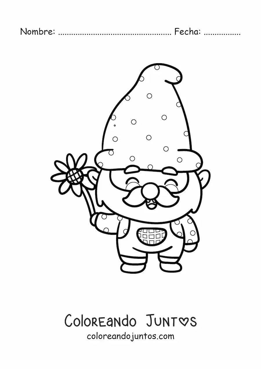 Imagen para colorear de gnomo kawaii con una flor