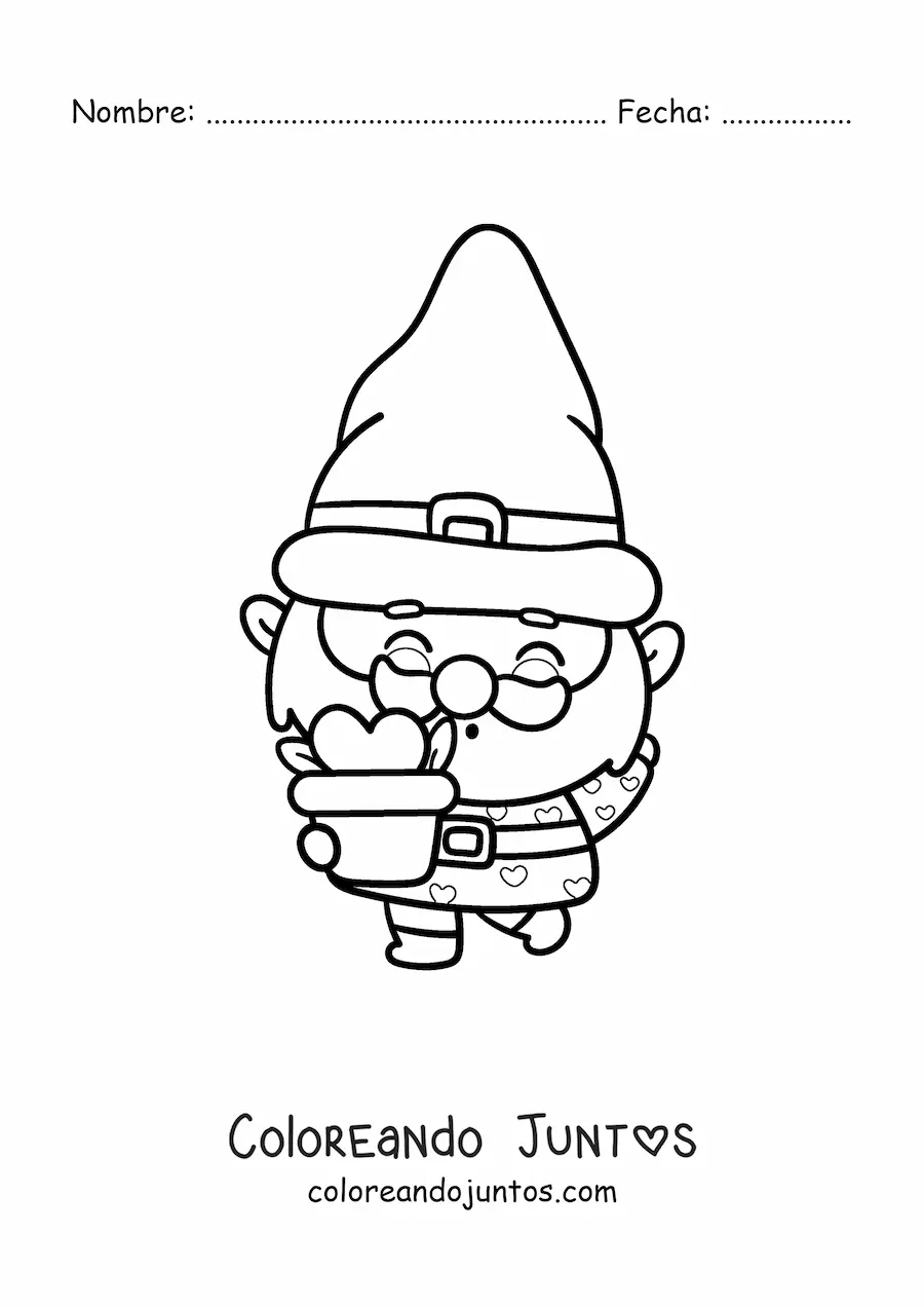 Imagen para colorear de gnomo kawaii con una planta