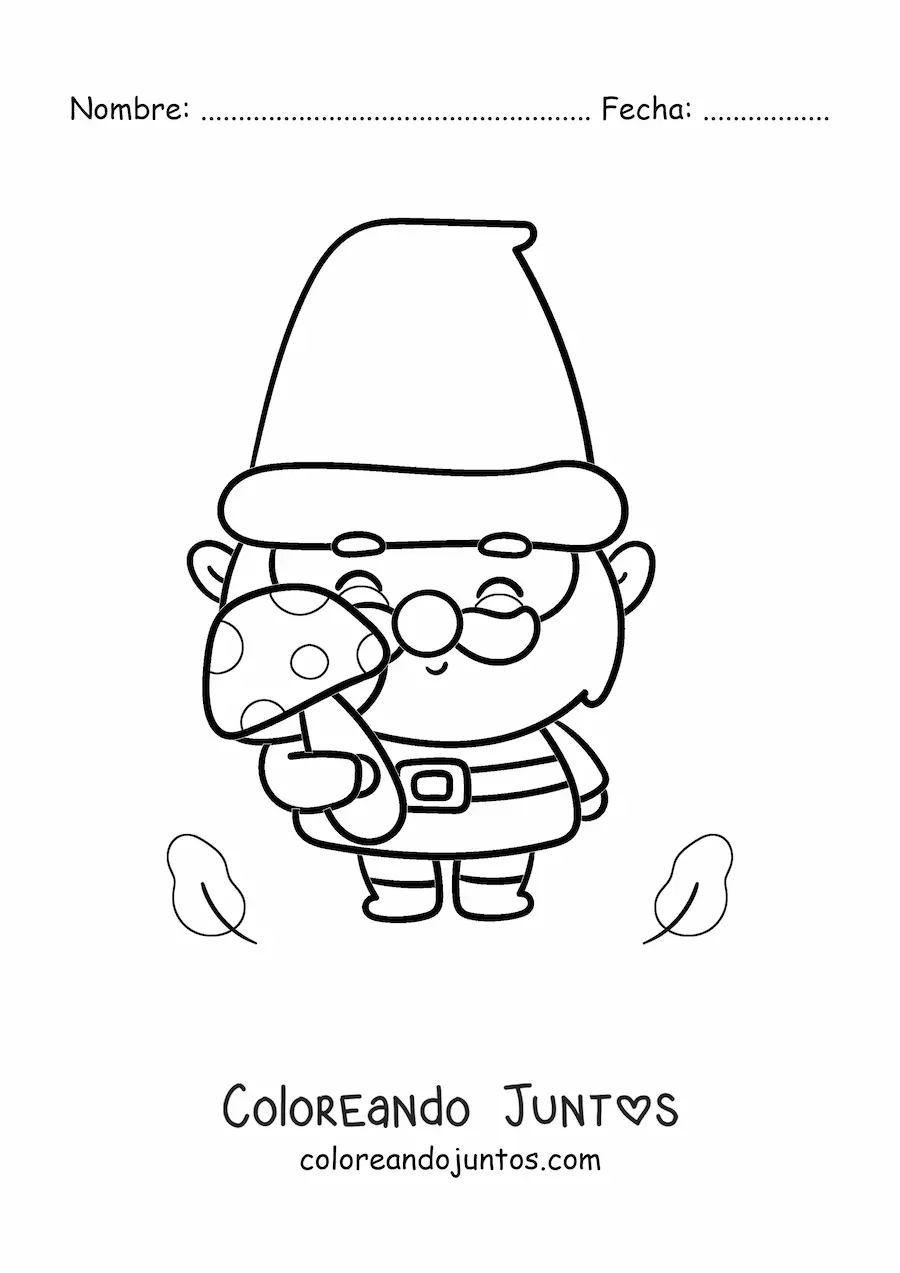 Imagen para colorear de gnomo kawaii con un hongo