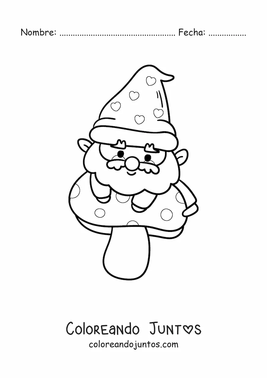 Imagen para colorear de gnomo kawaii sobre un hongo