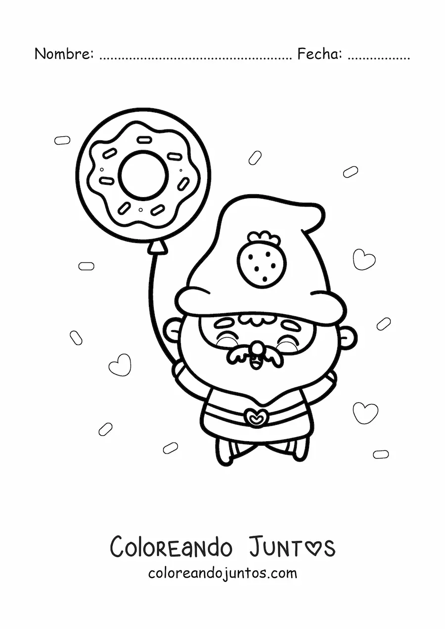 Imagen para colorear de gnomo kawaii con un globo de dona