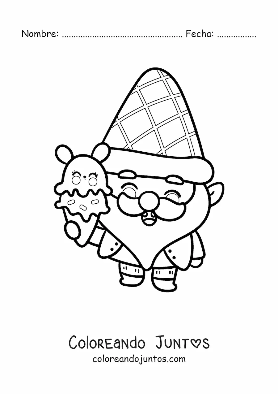 Imagen para colorear de gnomo kawaii con un cono de helado