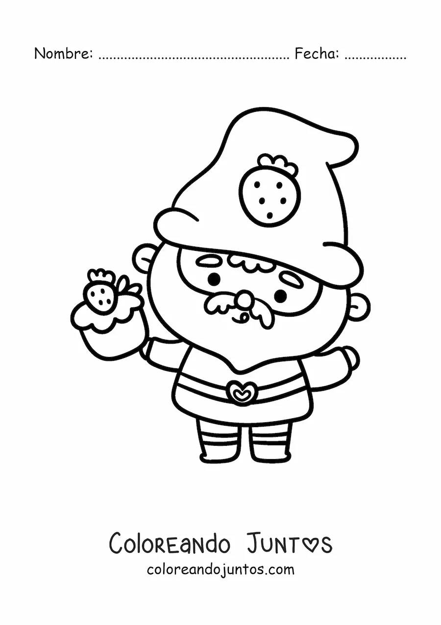 Imagen para colorear de gnomo kawaii con un cupcake de fresa