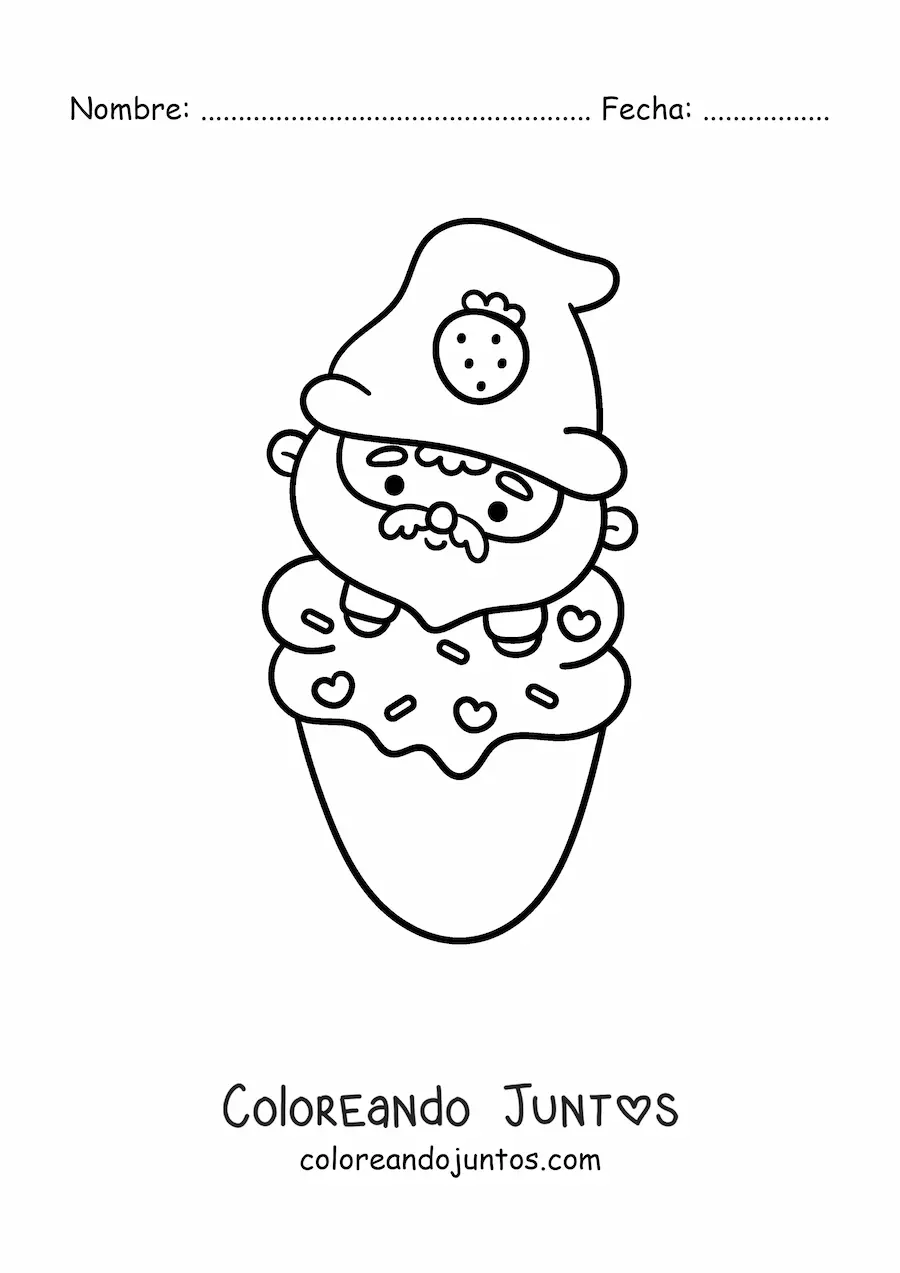 Imagen para colorear de gnomo kawaii sobre un helado de fresa