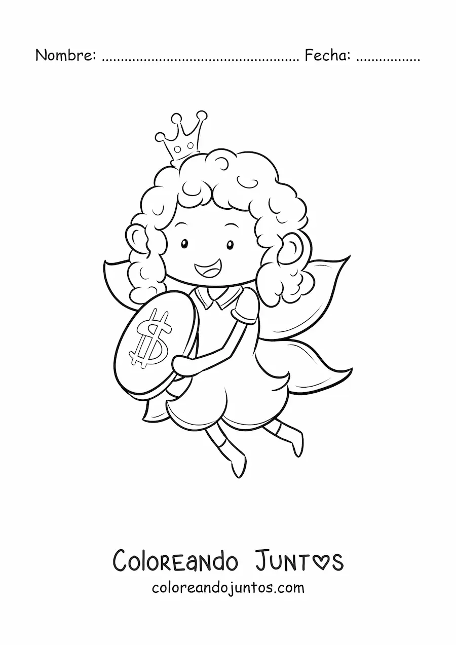 Imagen para colorear de hada de los dientes kawaii con una moneda
