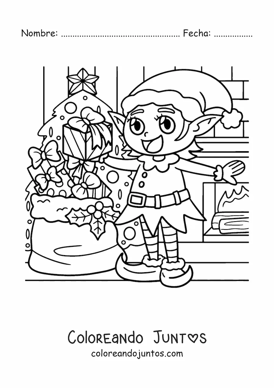 Imagen para colorear de duende navideño con regalos junto al árbol
