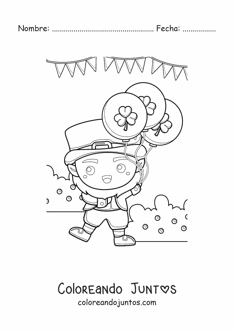 Imagen para colorear de duende kawaii con globos de trébol