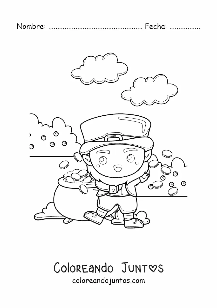 Imagen para colorear de duende kawaii junto a su olla de oro
