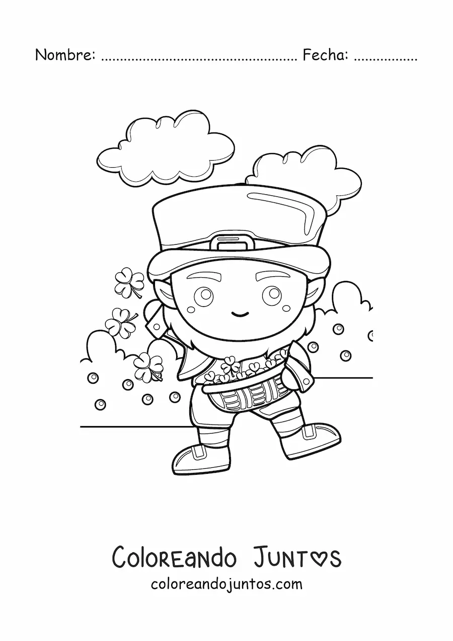 Imagen para colorear de duende de la suerte kawaii con tréboles