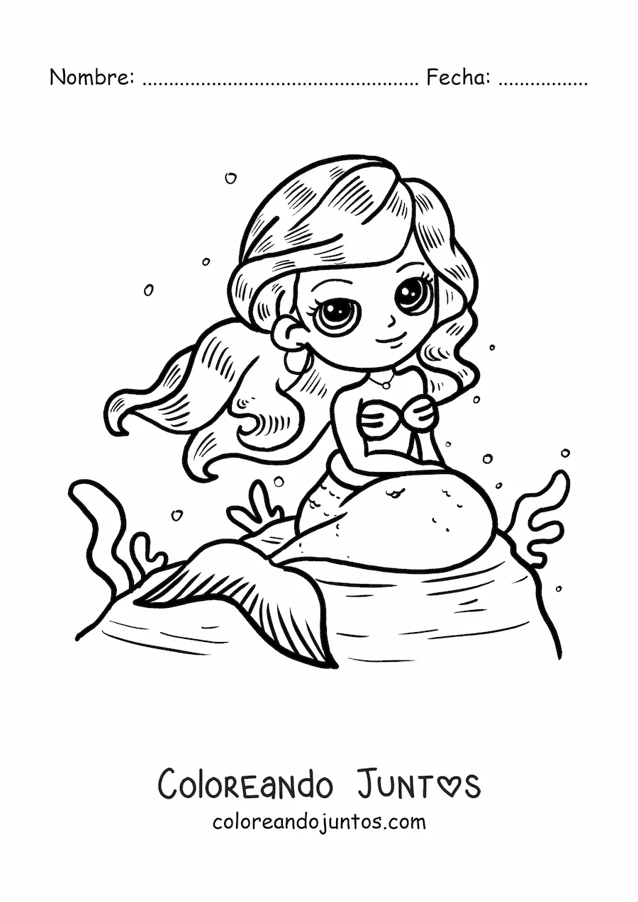 Imagen para colorear de sirena kawaii sentada en una roca