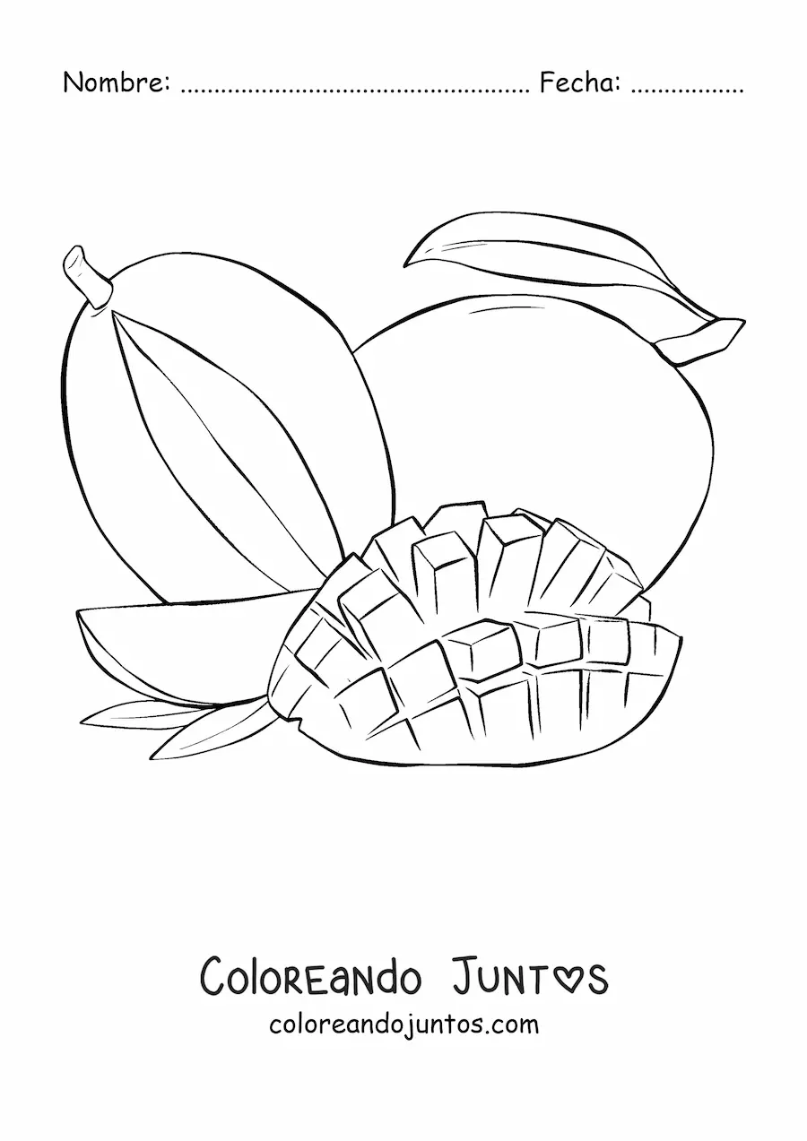 Imagen para colorear de un mango rebanado en cuadros y un mango completo en el fondo