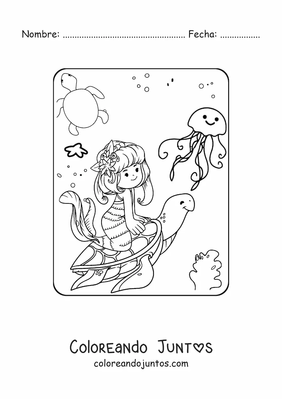 Imagen para colorear de princesa sirena kawaii nadando con una tortuga marina