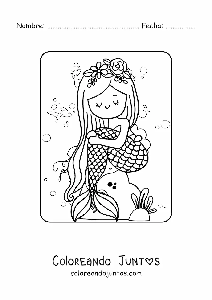 Imagen para colorear de linda sirena sentada en una roca
