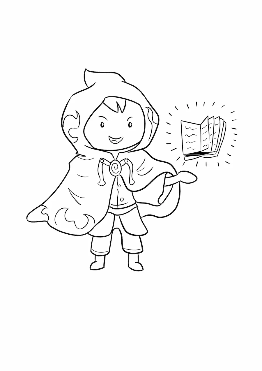 Imagen para colorear de hechicero con capa y libro de hechizos