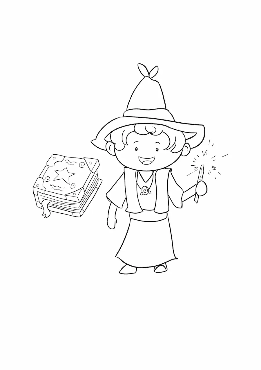 Imagen para colorear de hechicero con varita y libro de hechizos