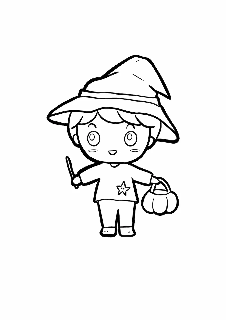 Imagen para colorear de niño kawaii disfrazado de hechicero en Halloween