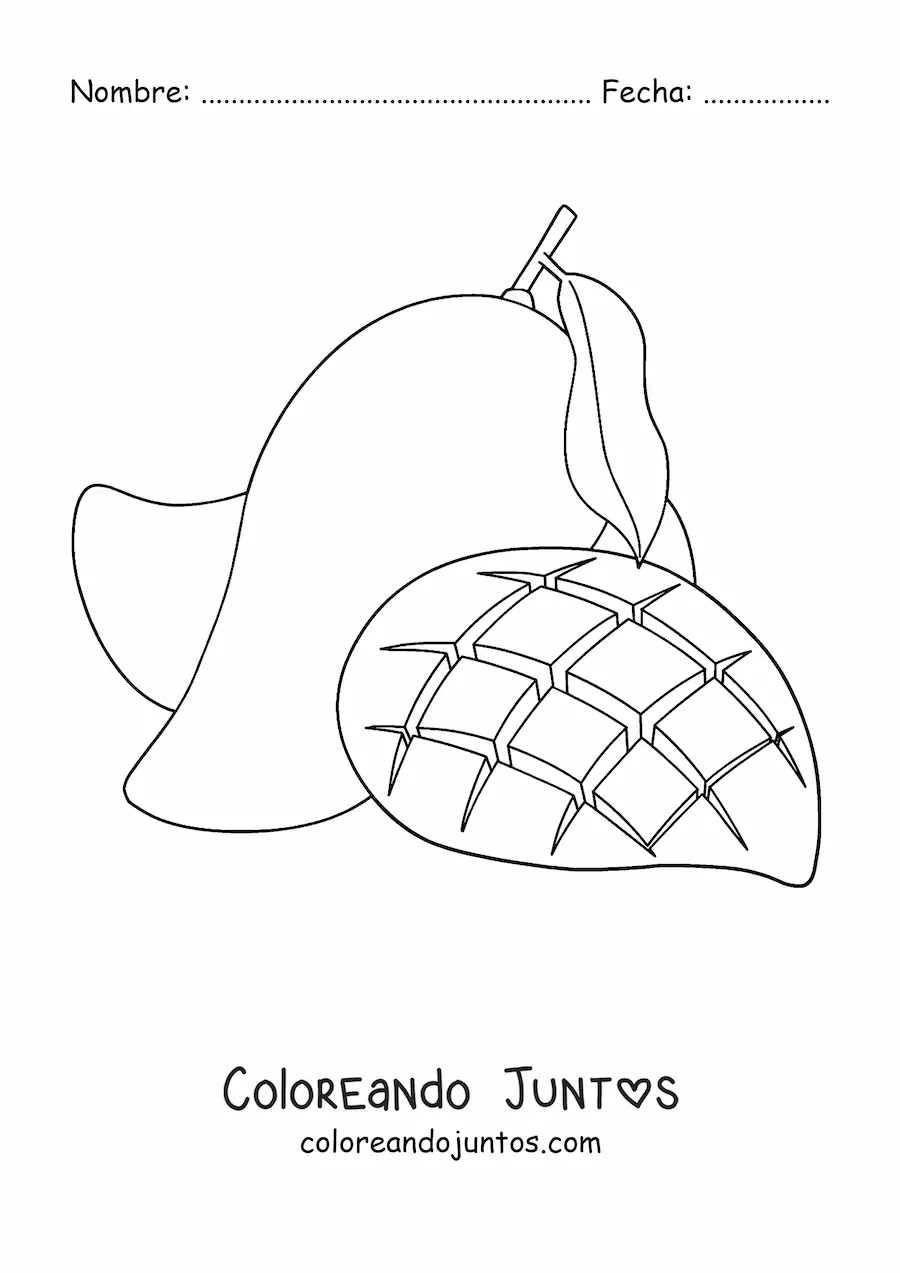 Imagen para colorear de un mango rebanado en cuadros y otro mango en el fondo