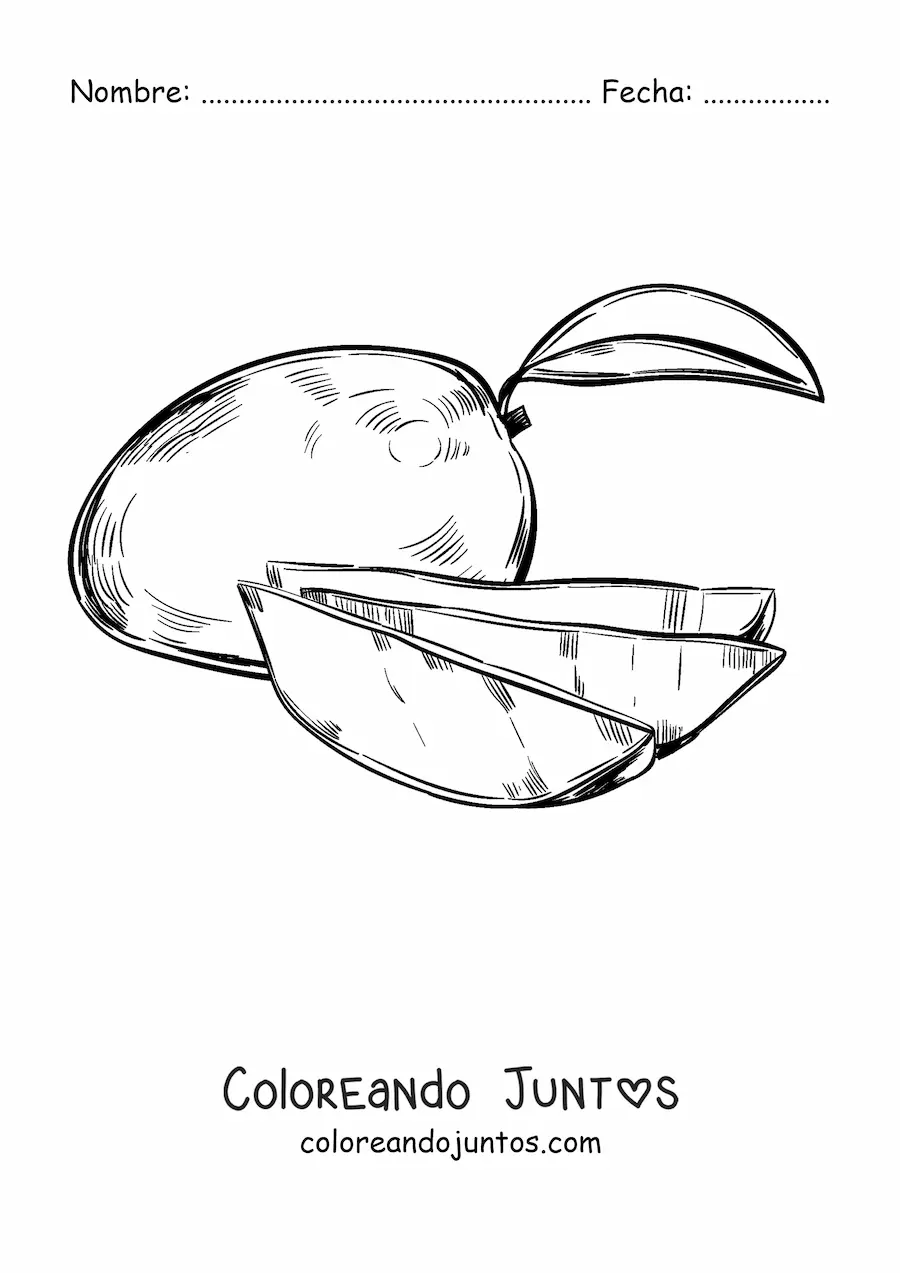 Imagen para colorear de un mango rebanado y un mango completo en el fondo