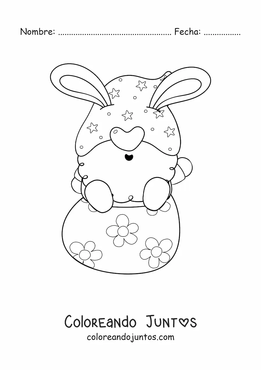 Imagen para colorear de gnomo con barba sentado en un huevo de Pascua