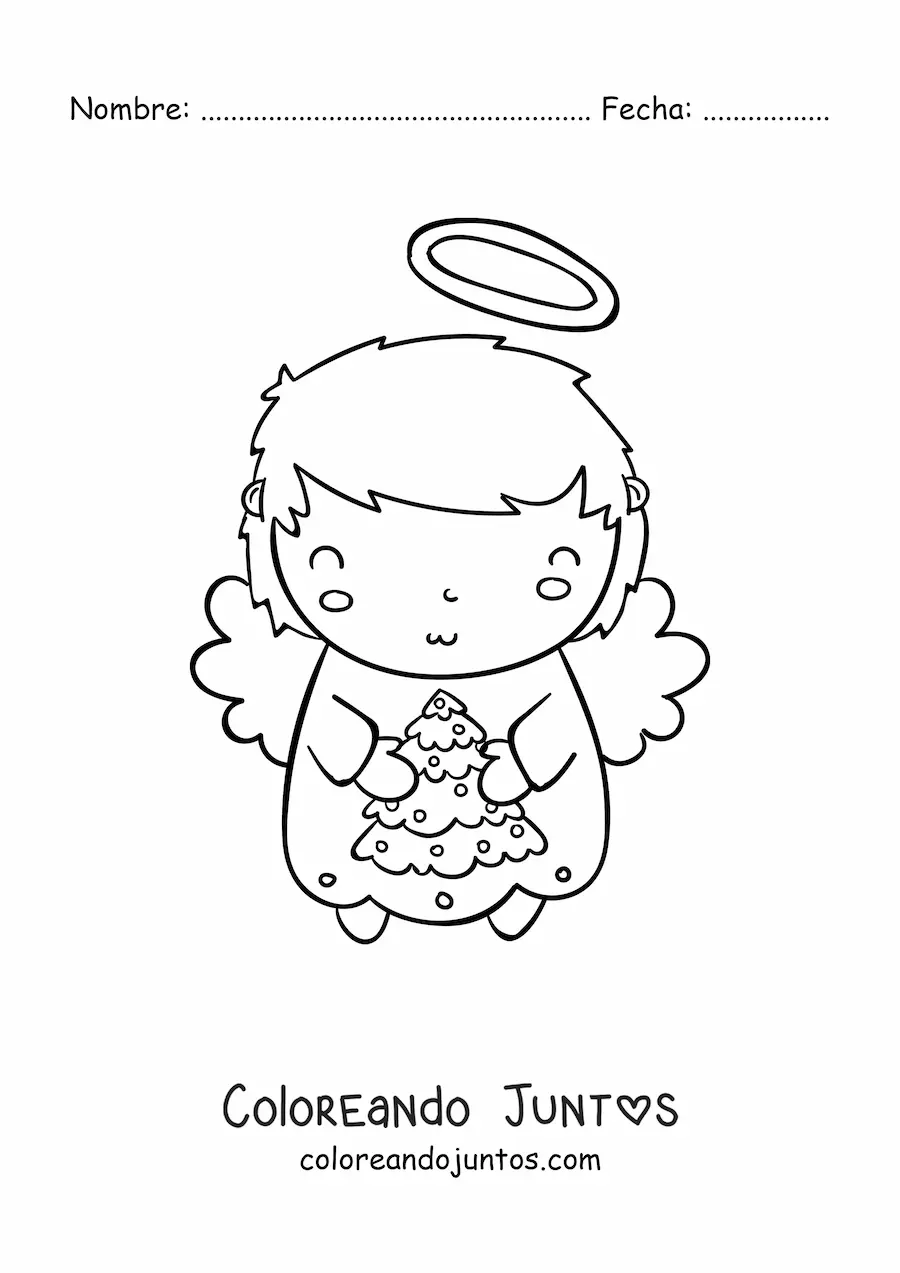 Imagen para colorear de ángel navideño animado con arbolito