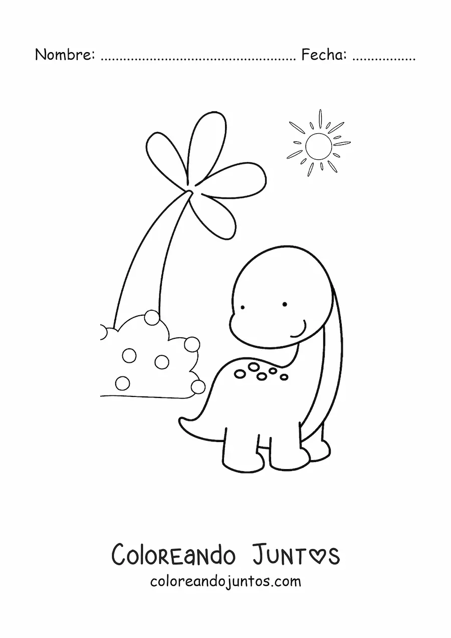 Imagen para colorear de dinosaurio bebé bonito de cuello largo en su hábitat
