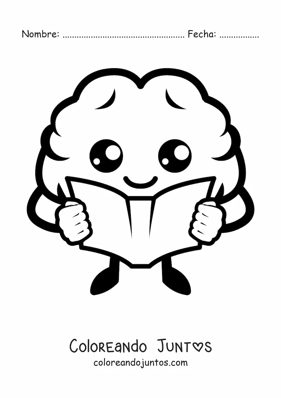 Imagen para colorear de cerebro kawaii animado leyendo un libro