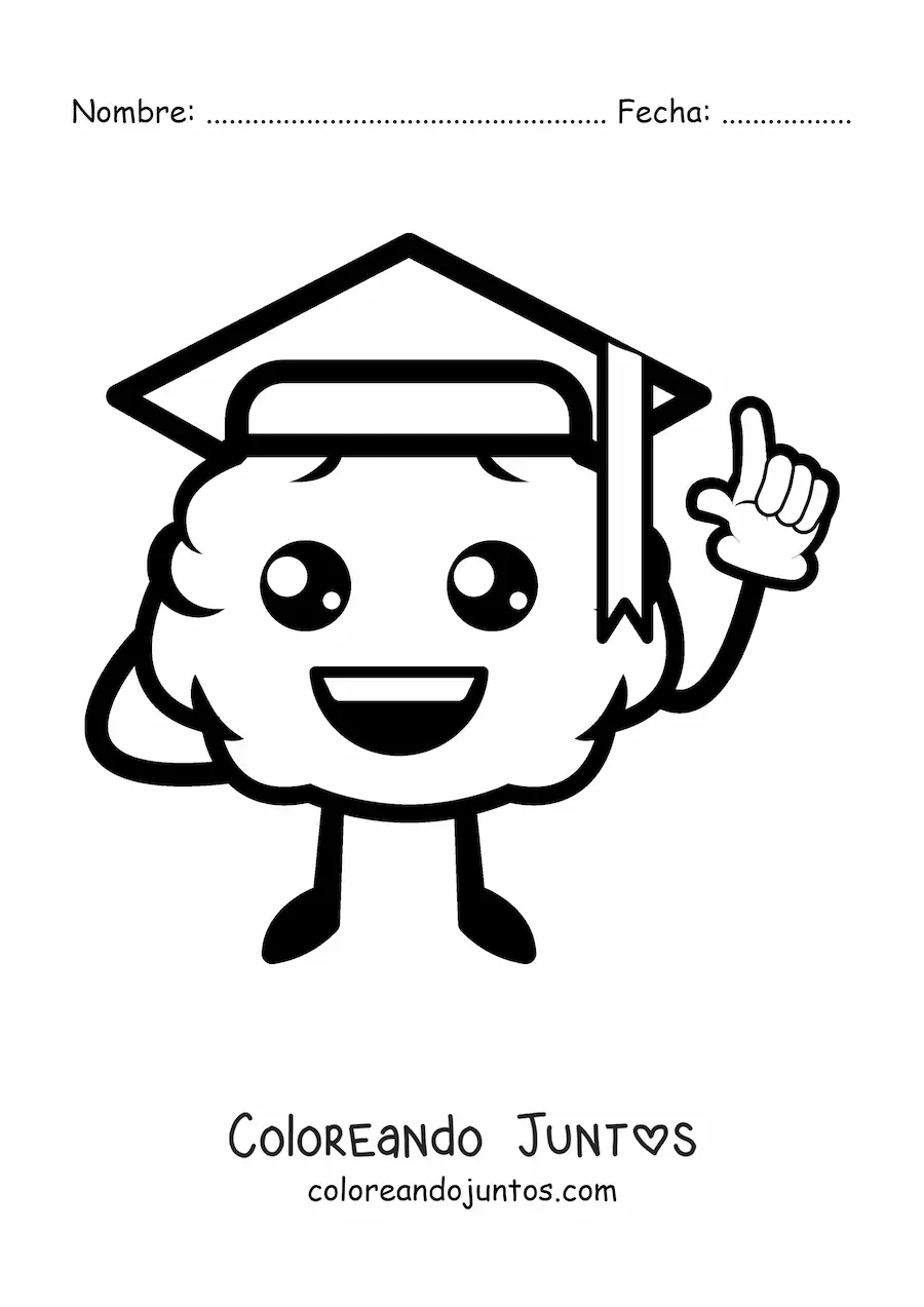Imagen para colorear de cerebro kawaii animado con birrete