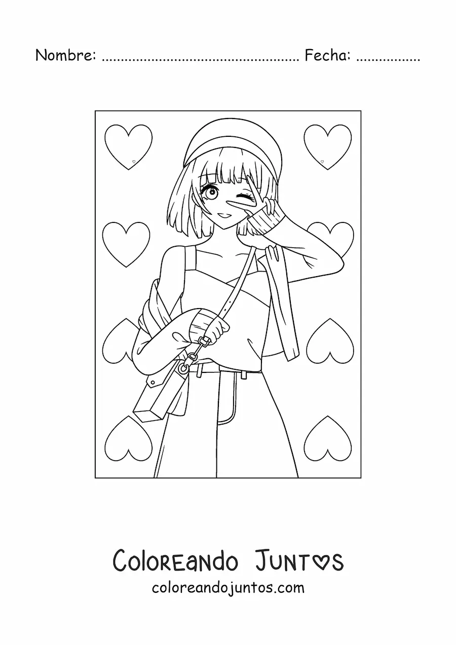 Imagen para colorear de tierna chica anime con corazones